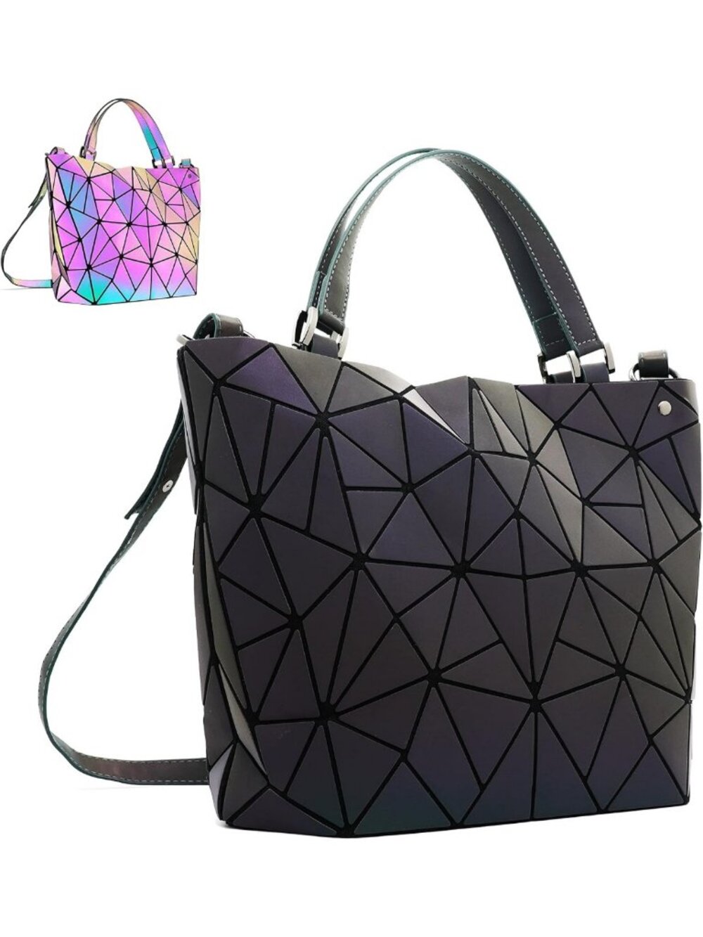 Luminous Geometric Tote Bag & Holographic Crossbody Purse - Black Iridescent